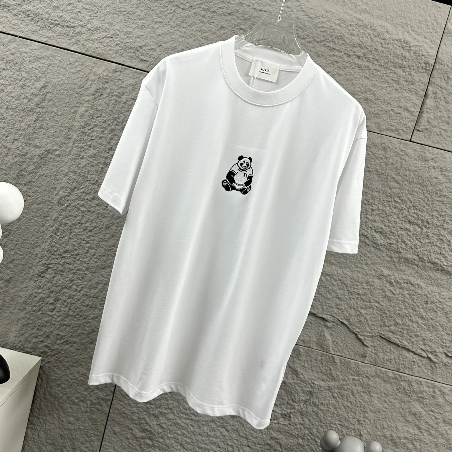 Ami Love 2026 Spring and Summer Style Classic Simple Black White Giant Panda Three-dimensional Embroidery Personalized Logo Customized Double Yarn Plain Cotton Fabric Short-sleeved T-shirt Men and Women Same Style Color: Black White Size: S (90-130 pounds) M (120-150 pounds) L (140-165 pounds) XL (160-180 pounds) XXL (180-210 pounds)